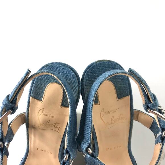 Christian Louboutin Cataclou 140 Jeans Silvers Studded Wedge Platform Sandals 37 - Picture 5 of 13